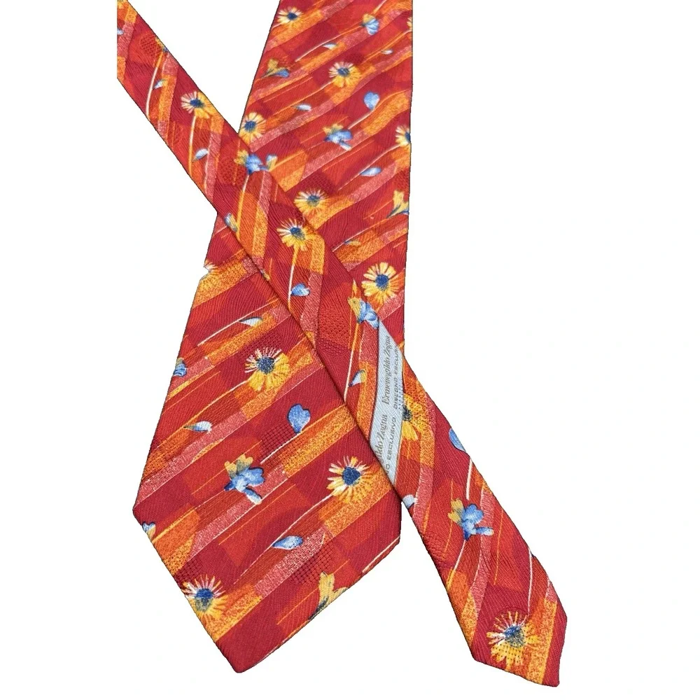 ERMENEGILDO ZEGNA Men's Tie 100% Silk ITALY Luxury FLORAL Red Orange Blue 60
